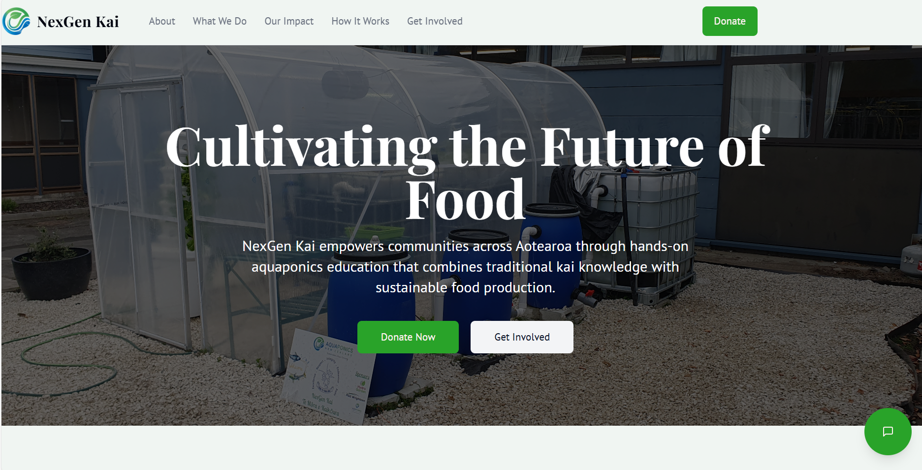 A vibrant aquaponics system with lush green plants and clear water tanks, showing fish swimming inside.